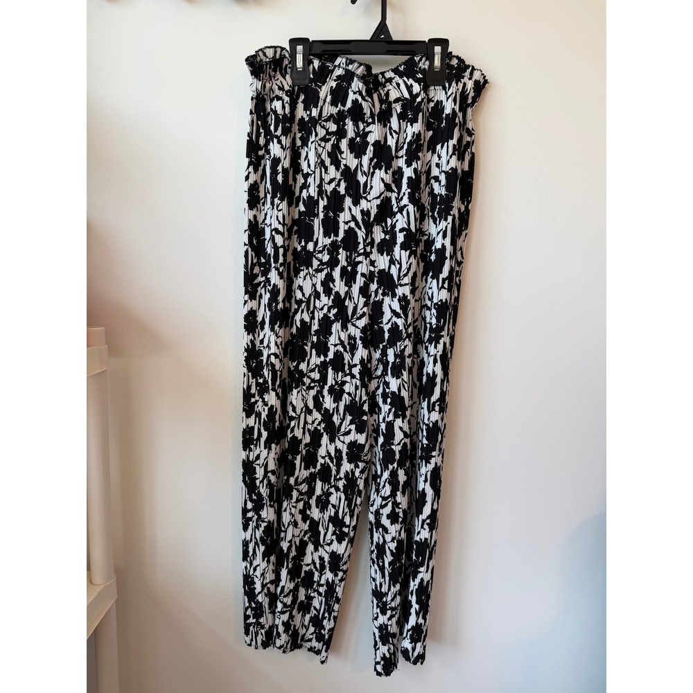 Joie Womens XL Black White Floral Pleated Wide Leg Pants Elastic Waist Ruffle